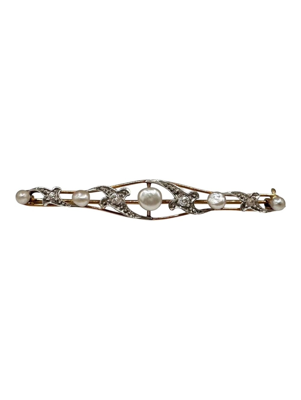 Estate Victorian Pearl and Diamond Brooch in 14kt Yellow Gold – 0.15ct